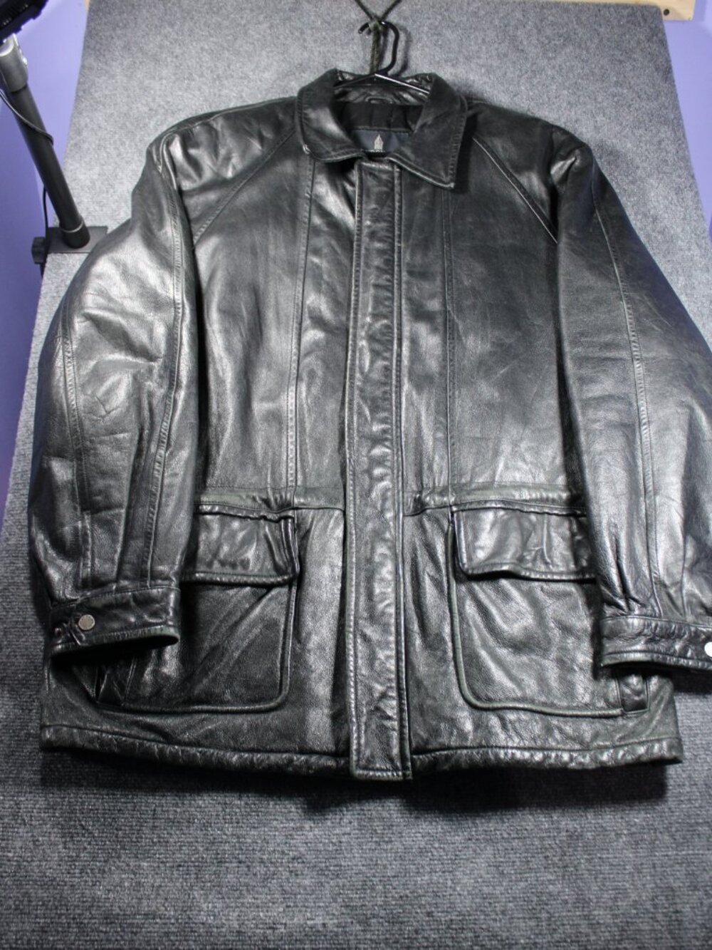 London Fog Men's Large Black Leather Barn Coat Jacket Zip Snap Insulated READ!!!